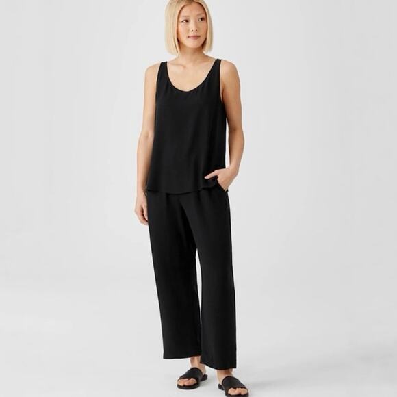 Eileen Fisher NWT 100% Silk Black Georgette Crepe Straight Ankle Pants Large - Picture 1 of 16